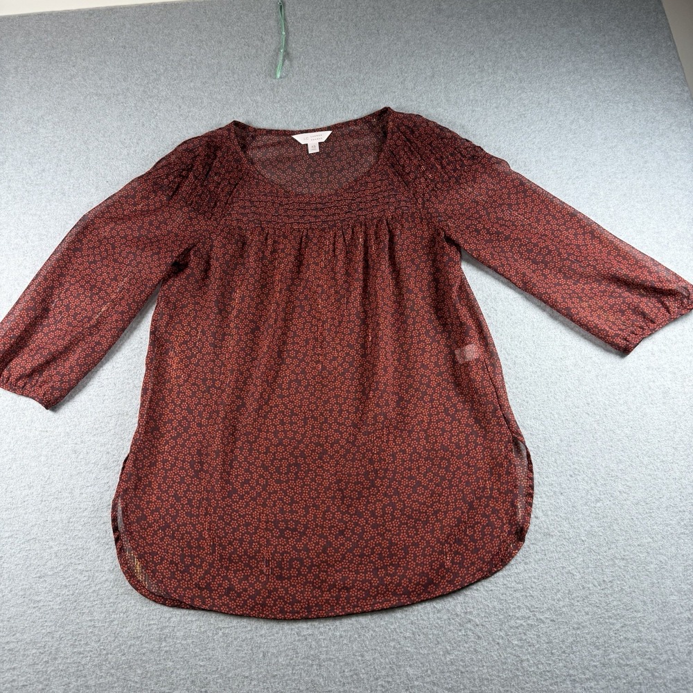 LC Lauren Conrad Fairycore Peasant Blouse XS Red Ditsy Floral Sheer Pintuck 3/4